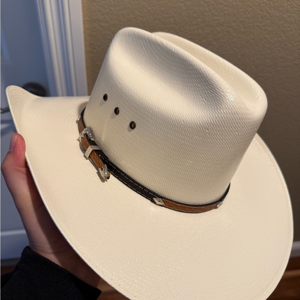 Cream Western Hat with Leather Band and Wide Brim